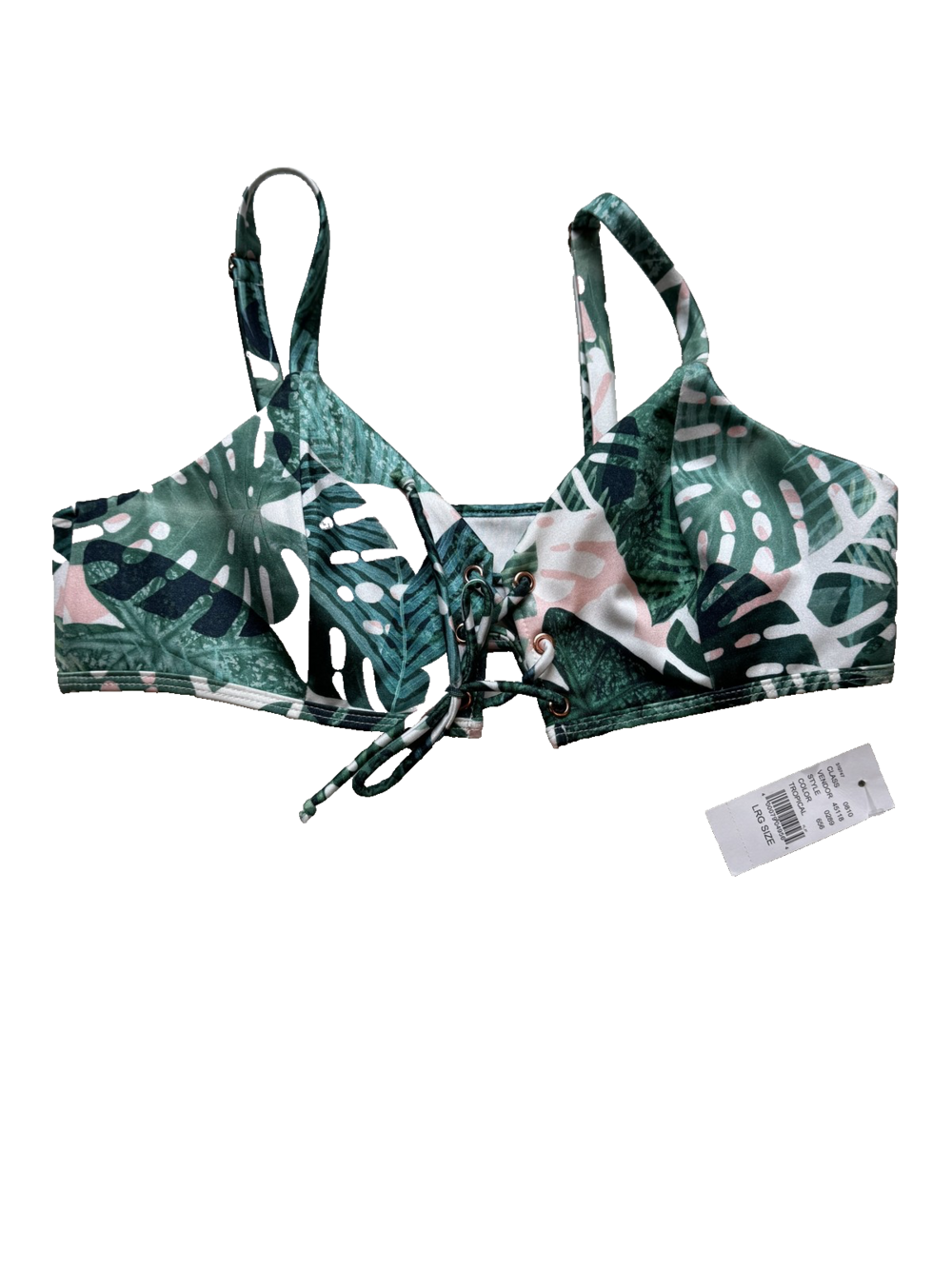 PacSun Bikini Top Womens Large Tropical Leaf Print Green Pink Lace Up Swimwear - Picture 1 of 5